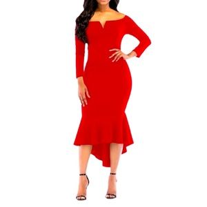 Red Mermaid V Neck Cocktail Dress